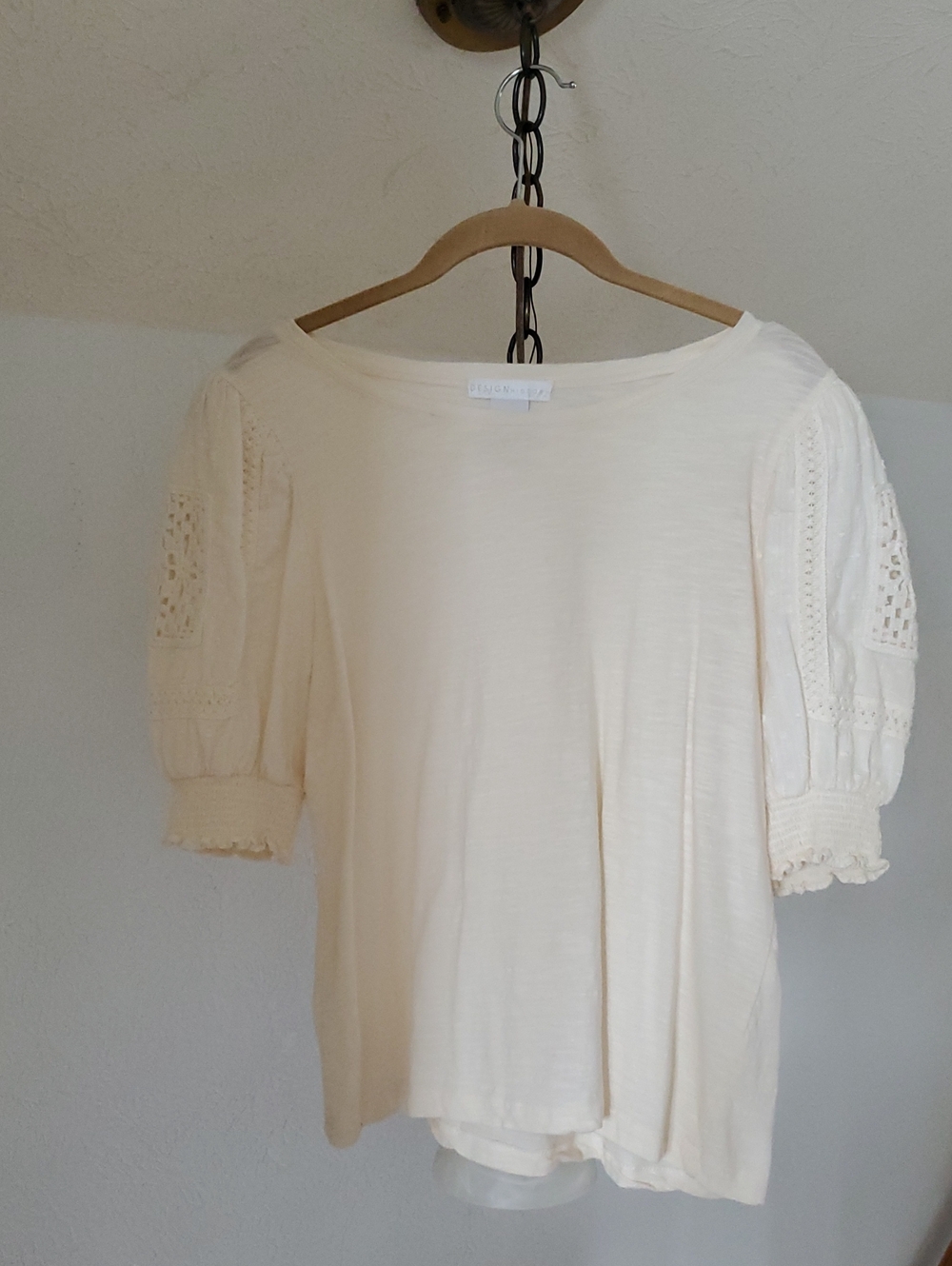 Design History Cream Puff Sleeve Lace Trim Top